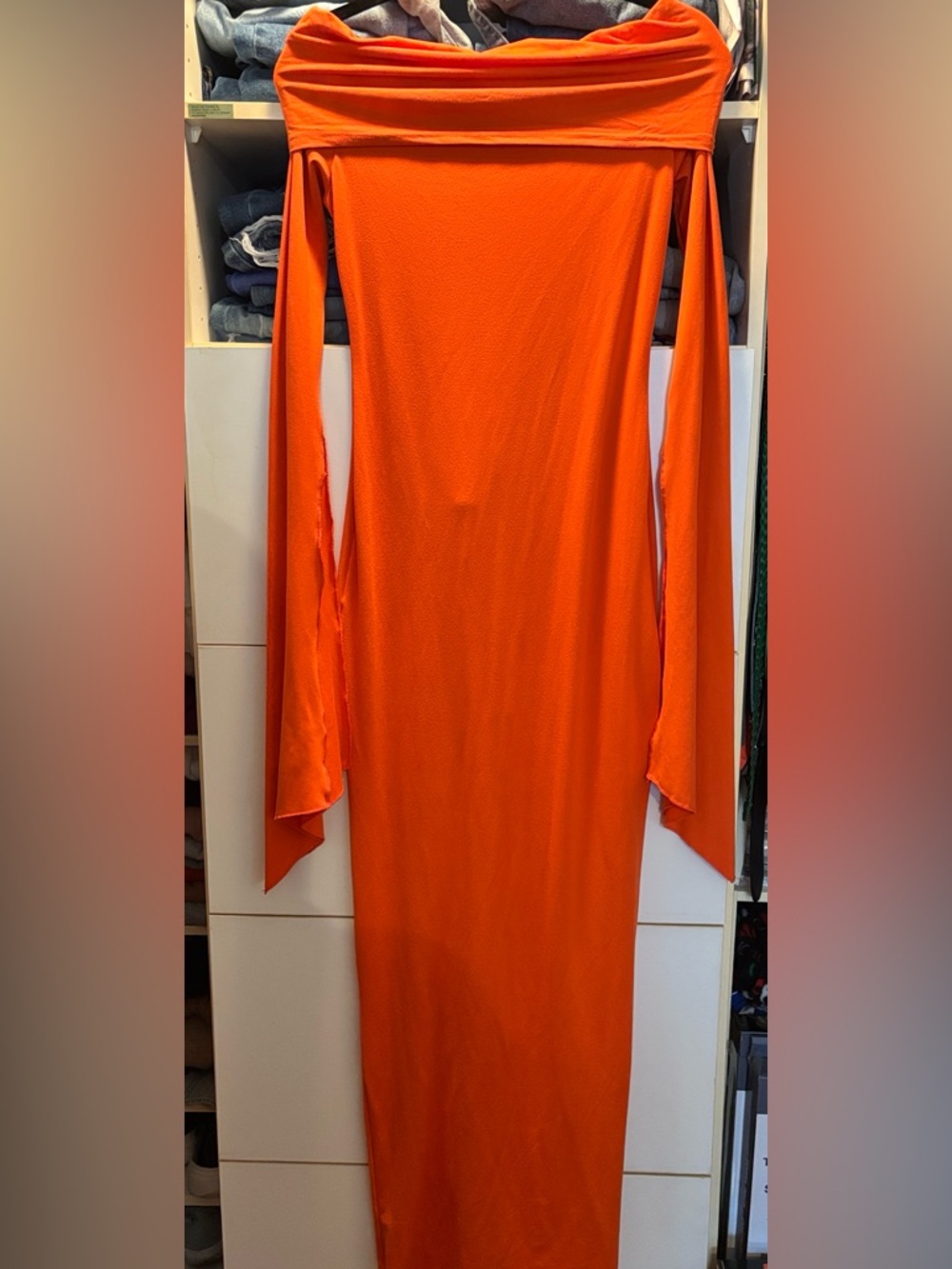 Off-the-Shoulder Long Sleeve Maxi Dress in Bright Orange